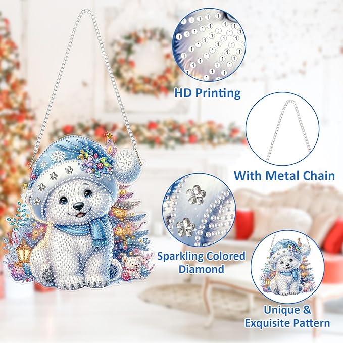SENQAO Bear Diamond Art Hanging Kits for Adults Kids, Christmas Diamond Art Suncatchers, 5D Special Shape Diamond Painting Pendant Window Ornament Gifts for Home Garden Door Wall Decor