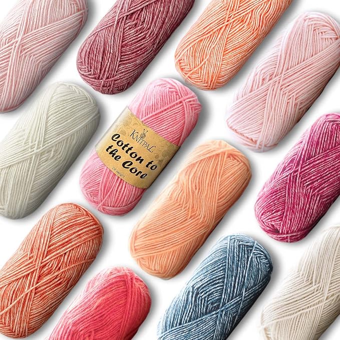 Cotton to The Core Cotton Yarn for Crocheting, 12-Pack (1704 Yds / 600G), Free Patterns, Beginners Friendly - Soft Baby Yarn for Knitting - 3 DK Light Worsted Weight - Blush Pack