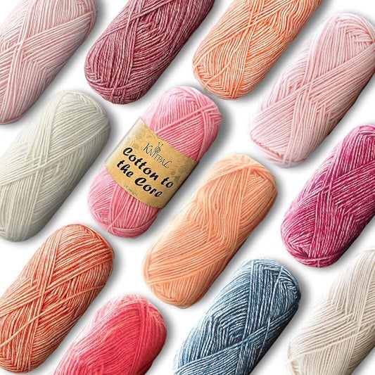 Cotton to The Core Cotton Yarn for Crocheting, 12-Pack (1704 Yds / 600G), Free Patterns, Beginners Friendly - Soft Baby Yarn for Knitting - 3 DK Light Worsted Weight - Blush Pack