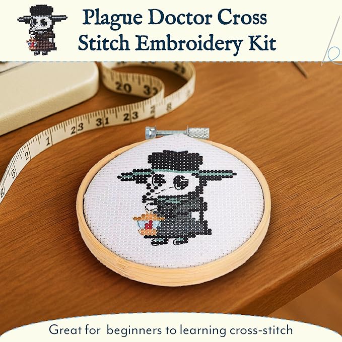 GAMAGO Plague Doctor Cross Stitch Embroidery Kit – DIY Needlework Craft Set with Hoop, Fabric, Floss & Instructions, Cute Beginner Embroidery Kit for Kids, Teens, & Adults