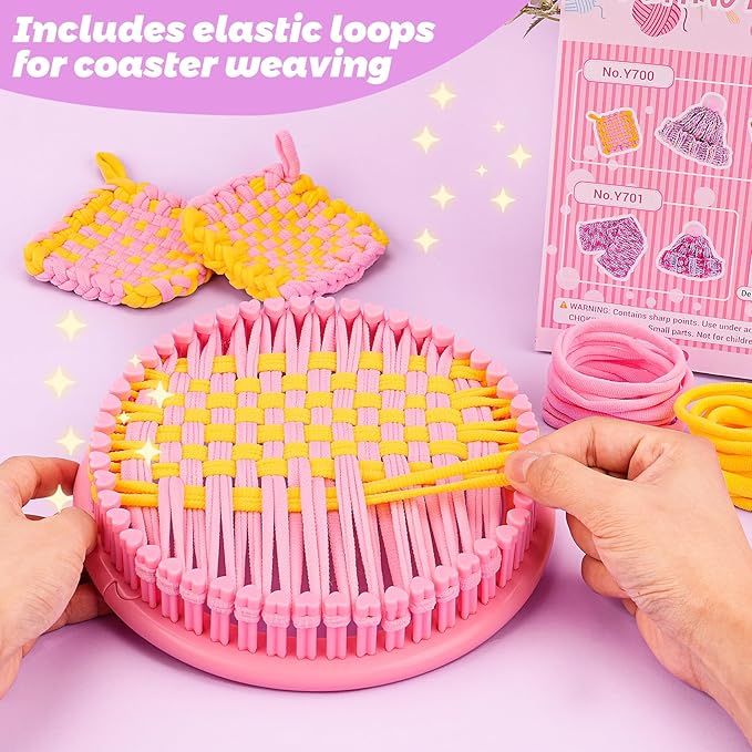 Knitting Loom Craft Kit for Kids & Beginners - Create Hat & Scraf with Yarn, Hook Needle, Ideal Birthday Christmas Gifts for Teens Girls Age 6-8 8-12 14+, Pink Loom