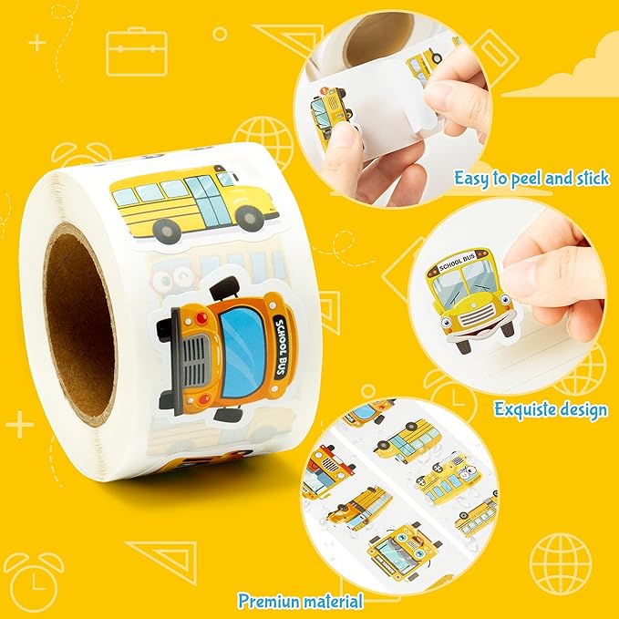 beyumi school bus roll stickers - 1000pcs school bus stickers in 2 rolls back to school waterproof vinyl cartoon transportation decals for laptop bottle notebook luggage computer classroom decor kids