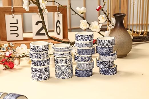 Blue & White Porcelain Washi Tape Set, Traditional Chinese Ceramic Pattern Decorative Masking Tapes, Oriental Art for Craft, Scrapbook, DIY, Gift Wrapping (2-Echoes of Blue/19 Rolls)