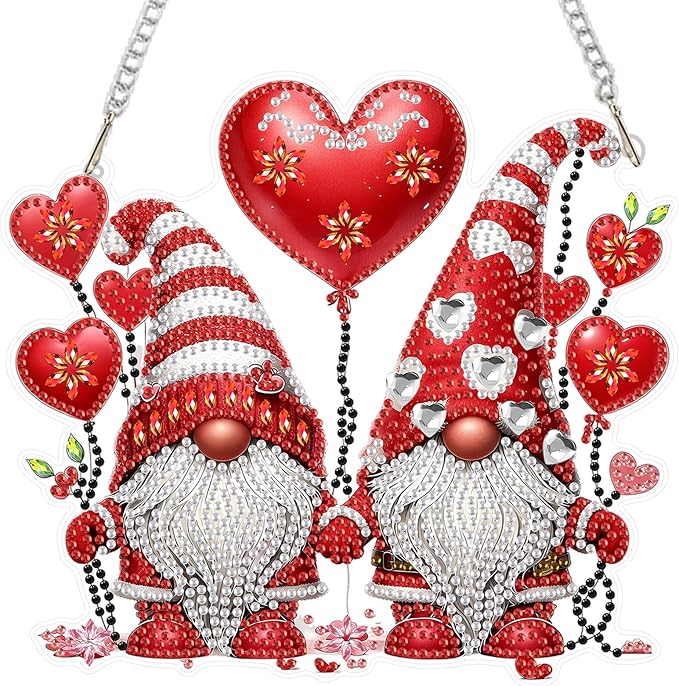 MEIYUDA Valentine's Day Diamond Painting Pendant Kits, DIY Love Gnomes Diamond Art Window Hanging Ornament for Adults, 5D Special Shape Rhinestone Pendant for Home Decoration