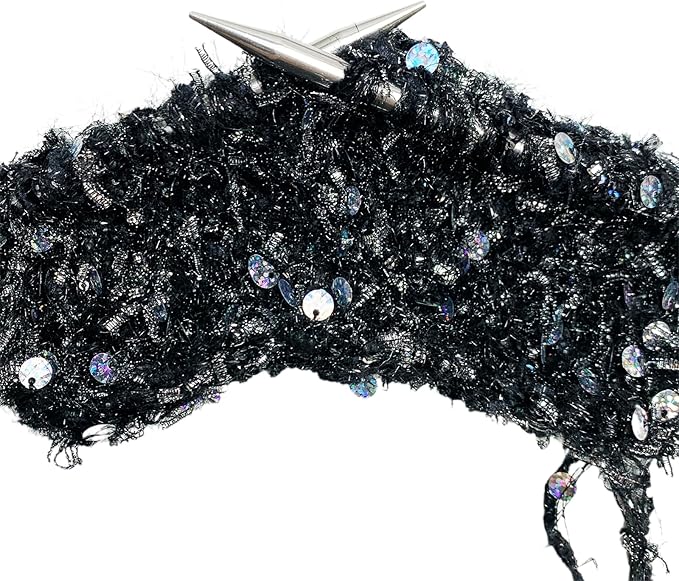 Artisanal Yarn Collection Multifiber Fancy Yarn with Metallic Silver Bow and Laser Sequins for Knitting Crocheting Crafts DIY, Set of 3 Rolls (Black & Silver)