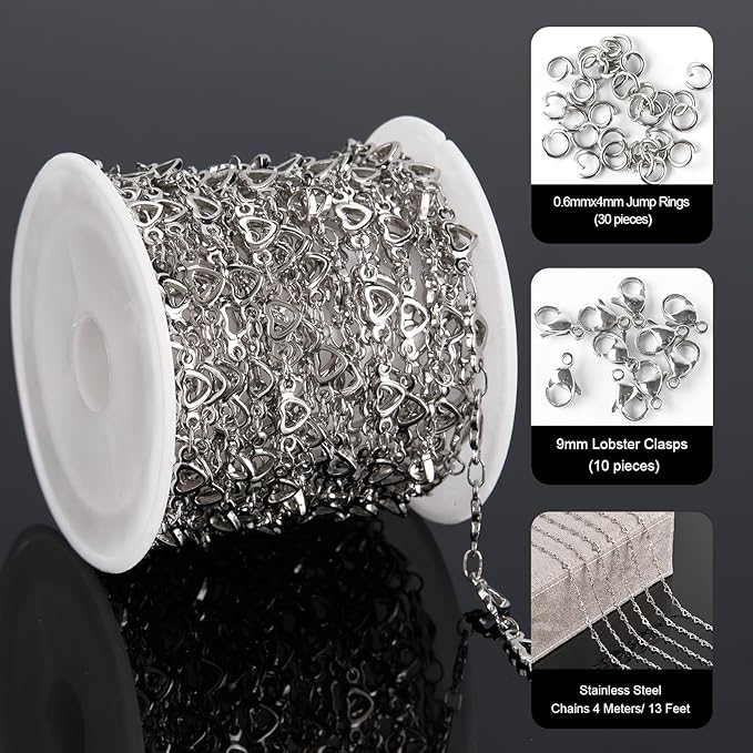 YOUBEIYEE 13 Feet Stainless Steel Jewelry Chain for Jewelry Making Heart Link Chain for Women Necklace DIY Heart Chains Bulk