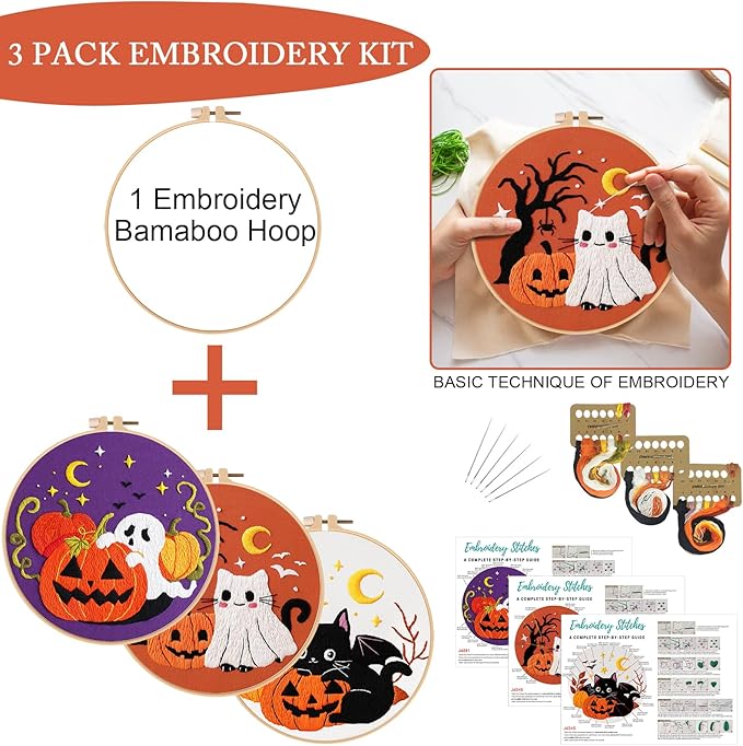 Nuberlic Halloween Embroidery Kits - 3 Pack Easy Embroidery kit for Adults Beginners Starter Cross Stitch Kit DIY Needlepoint with Pre-Printed Fabric, Hoop, Thread, Needles & Step-by-Step Guide