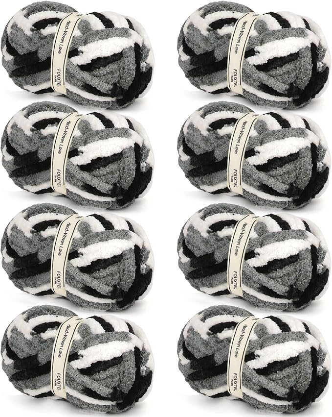 8 Jumbo Packs Chunky Chenille Yarn for Crocheting, 31.7 yds, 8 oz Each Skein Bulky Thick Fluffy Yarn for Knitting, Super Bulky Chunky Yarn for Hand Knitting Blanket, Soft Plush - Panda