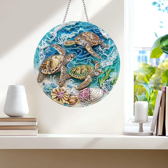 Wergund 5D DIY Sea Turtle Diamond Art Hanging Kits, Hanging Diamond Art Animal, Acrylic Special Shaped Rhinestone, Window Hanging Pendants for Home Wall Garden Front Door Outdoor Decor Gift