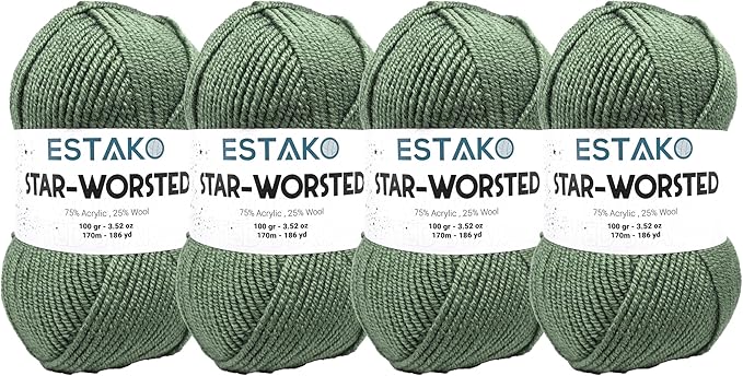 Estako Star-Worsted Yarn - (4 Skeins Pack) - 75% Acrylic 25% Wool - Soft Medium Weight #4 - (4 x 3.52 oz / 4 x 186 yds) - Crochet & Knitting Yarn (44067 - Grass)