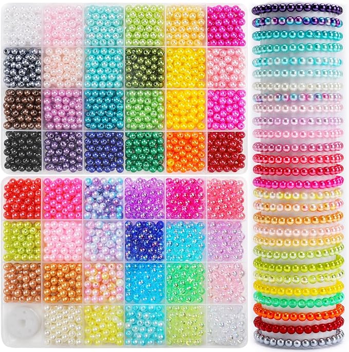2400pcs Pearl Beads, 47 Colors Round Beads for Bracelets, Multicolor Bracelet Making Kit, for Jewelry Making with Elastic String, DIY Crafts Set (6mm)