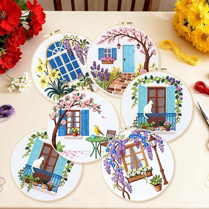 BEUNITONE Windows Flowers Embroidery Kit, 6PC Vintage Garden Scene with Birds Cat, Cottage Core Needlepoint Kits for Adults Beginners, DIY Home Decor Gift