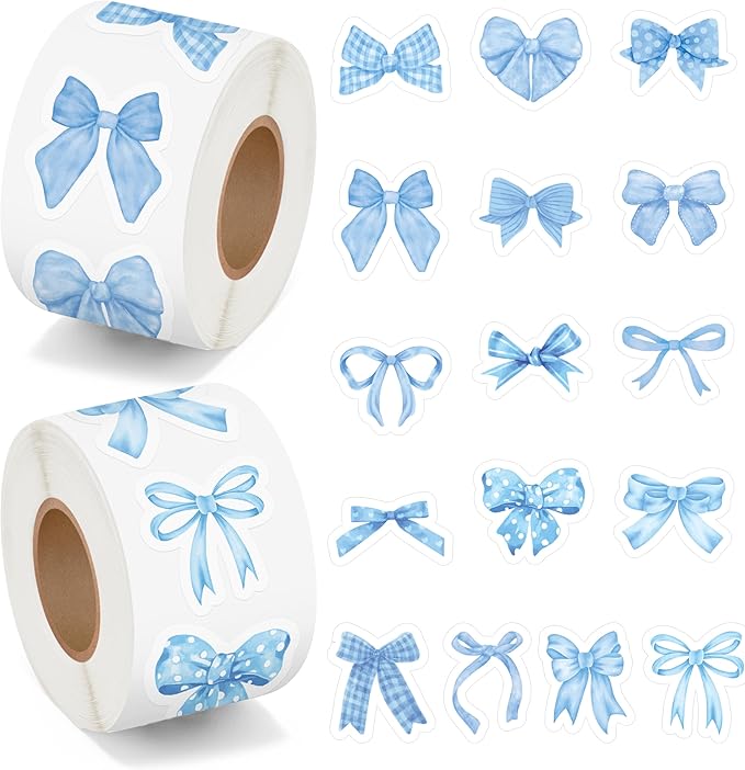 beyumi blue bows sticker roll - 1000pcs coquette blue bow stickers in 2 rolls waterproof vinyl girly aesthetic bowknot decal for gift laptop bottle scrapbooking luggage computer envelope decor for kid