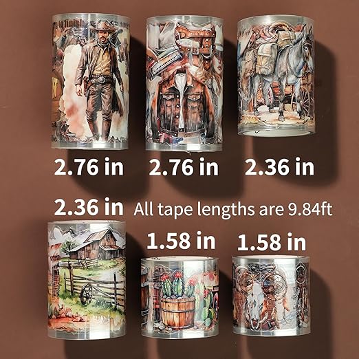 Pre-Cut PET Washi Tape - 6 Rolls, 460 Retro Western Cowboy Designs for Journaling, Scrapbooking Stickers, and DIY Crafts (Transparent, Easy-to-Tear, Durable PET Material)
