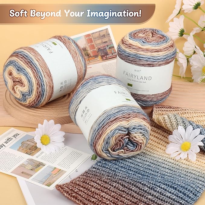 Aeelike Cake Yarn for Crocheting, 3 Skeins Gradient Cake Yarn 100g (3.52 oz) 245m (267 Yards), Super Soft Ombré Yarns Cake Rainbow Cotton Yarn for Making Colorful Crafts, Khaki Gradient