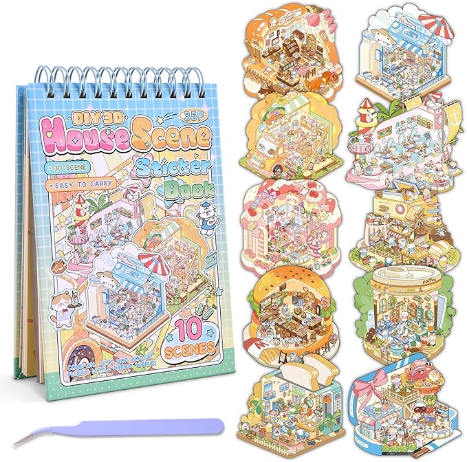10 Sets DIY 3D House Stickers, Scene Miniature Sticker Book, Cute Cartoon Scenes for Women Girls Teen Kids, Make Your Own Sticker, Fun Room BookRelief Stress Pass The Time
