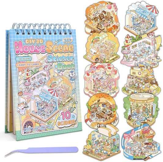 10 Sets DIY 3D House Stickers, Scene Miniature Sticker Book, Cute Cartoon Scenes for Women Girls Teen Kids, Make Your Own Sticker, Fun Room BookRelief Stress Pass The Time
