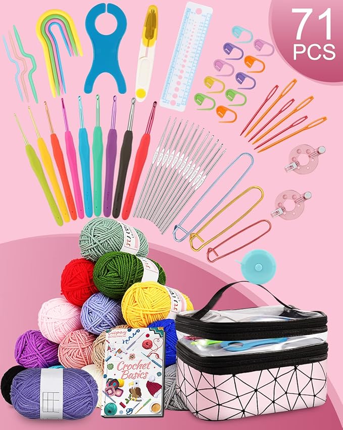coopay crochet kit for beginner adult, 16 colors yarn crochet animal kit with instructions, portable crochet starter kit double-layer crochet beginners set full knitting crochet accessories