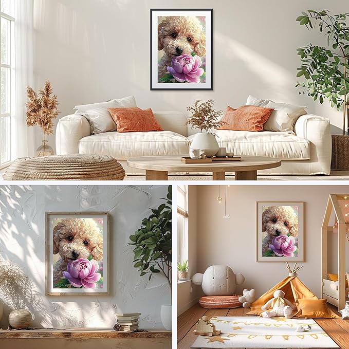 NAIMOER Puppy Diamond Painting Kits for Adults, DIY 5D Diamond Painting Aniamsls, Full Drill Dog and Flowers Diamond Art Kits Perfect for Relaxation and Home Wall Decor 30x40cm