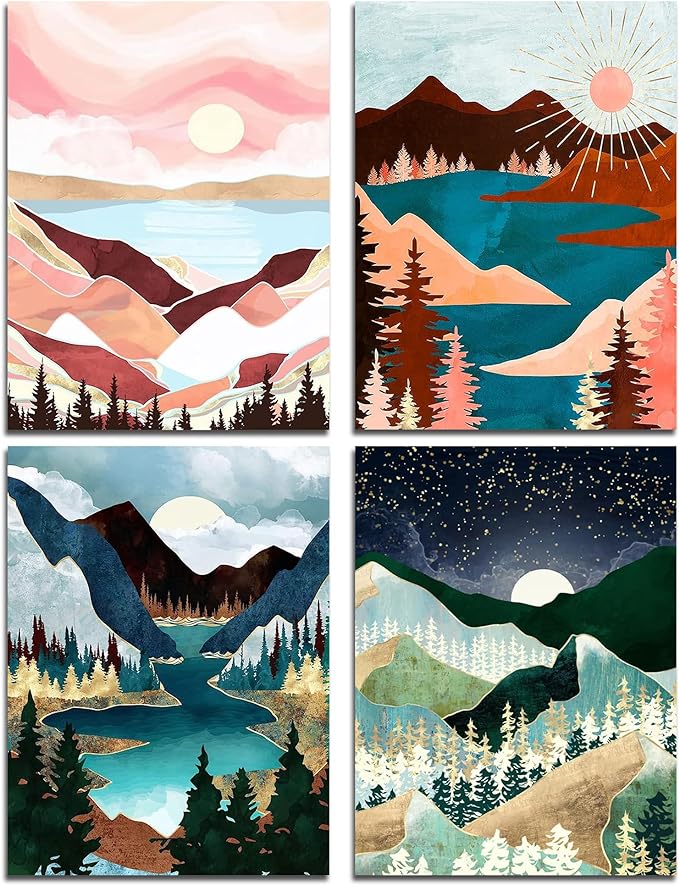 Muzagroo Art Diamond Painting Kits for Adults, DIY 5D Diamond Art Kits for Beginners, Abstract Landscape Arts and Crafts for Living Room, 4 PCS Kids Room Wall Art