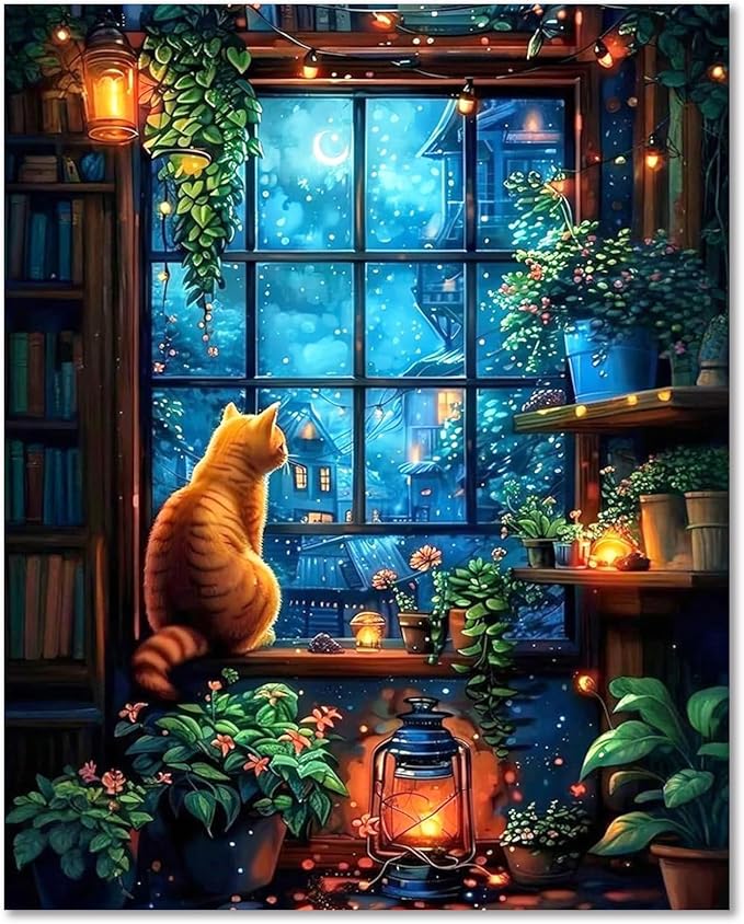HMZephitiquc Night Paint by Numbers Kit for Adults Beginners, Adult Paint by Number Cat, Night Painting by Numbers for Adults, Easy Oil DIY Craft Home Wall Decor 16x20 in