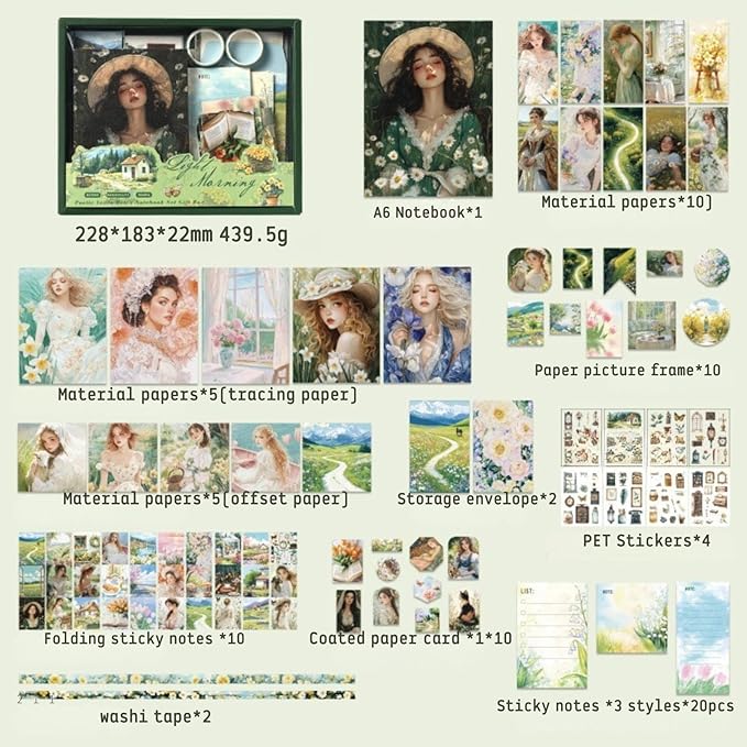 Cullevo Vintage Scrapbooking Kit – Dreamy Dawn Edition, 124 PCS Scrapbook Supplies with Washi Tape, Stickers, A6 Grid Notebook for DIY Bullet Journaling & Planner Crafts Gift for Girls Women