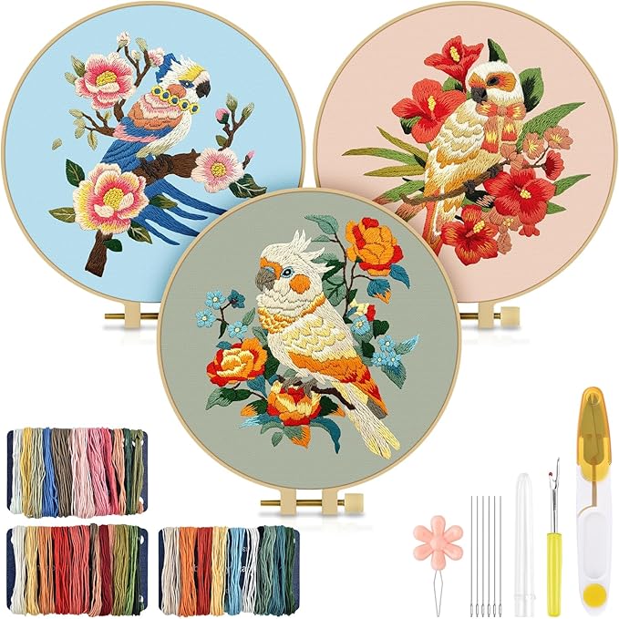 TINDTOP Embroidery Kit for Adult Beginners, Parrot Embroidery Stitch Practice kit Include Embroidery Cloth Hoops Threads for Craft Lover Hand Stitch
