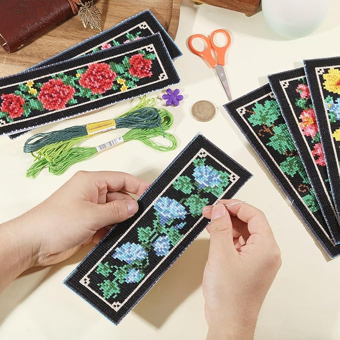 ORIGACH 6 Set Floral and Vine Cross Stitch Bookmark Kit for Beginner with Backing Felt Floss Instructions DIY Stamped Embroidery Bookmark Kit for Adults, Book Lovers