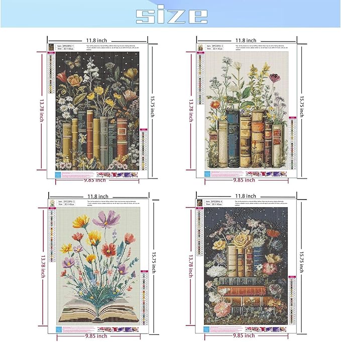 EIBEILI 4 Pack Book Flower Diamond Art Kits for Adults, Book 5D Diamond Painting Kits for Beginner DIY Gem Art Full Drill Diamond Dots Crystal Craft Kits for Home Wall Decor Gifts 12x12inch
