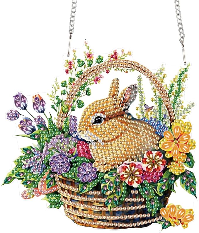 TDFERAN Diamond Painting Pendant Bunny Easter DIY Gem Art Hanging Handmade Art Decoration Kit Garden Window Pendant Diamond Painting Wall Hanging Home Decor Hobbies for Womenpainting
