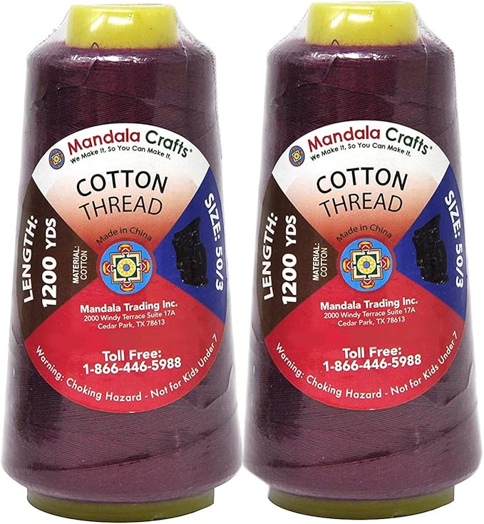 Mandala Crafts Burgundy Thread Cones for Machine and Hand Quilting - 2400 Yds 50 WT Multiple Purpose Mercerized 100% Cotton Threads for Sewing Machine Serger Embroidery