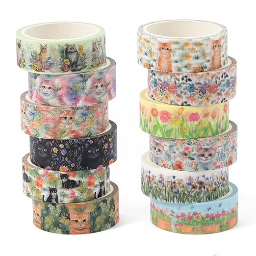 Spring Flower Washi Tape - 12 Roll Vibrant Cat Flower Scrapbook Washi Colored Painters Masking Decorative Adhesive Tape Set School Office Diy Craft Scrapbooking Journal Supplies Gift Wrapping