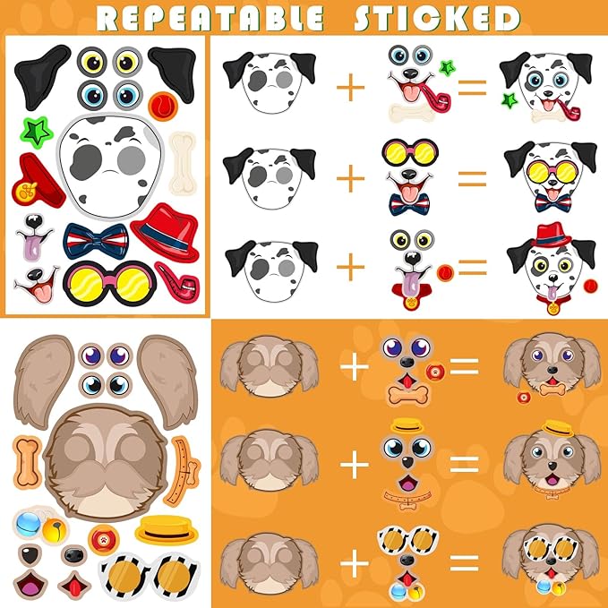 24 sheets dogs make a face stickers make you own dogs stickers animal sticker for kids, birthday gift party favors supplies teacher art craft, games school activity reward