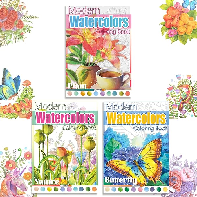 3Pcs Watercoloring Book, A4 Water Coloring Paint Book Beginner Friendly - Watercolor Coloring Books for Adults, 36 Pre-Printed Designs (Without Paint or Brushes) - Butterfly & Nature & Plant