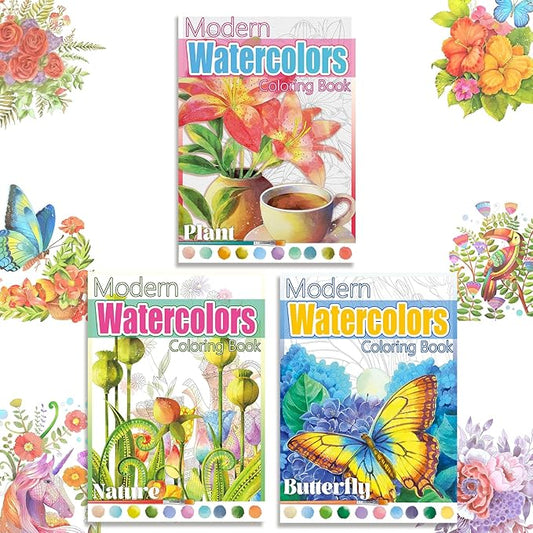 3Pcs Watercoloring Book, A4 Water Coloring Paint Book Beginner Friendly - Watercolor Coloring Books for Adults, 36 Pre-Printed Designs (Without Paint or Brushes) - Butterfly & Nature & Plant