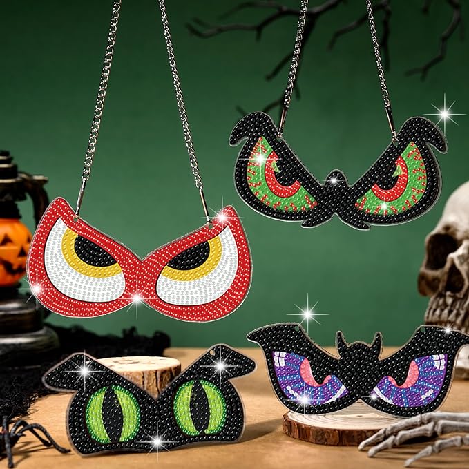 Chiisong 6 Pcs Halloween Diamond Art Painting Kit Hanging Sign Set Flashing Spooky Eyes Glow in The Dark Diamond Art Painting Kits Halloween Hanger Adult 5d DIY Craft for Wall Door Window Porch Decor