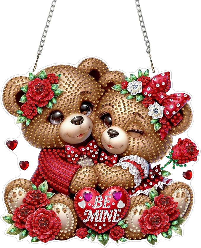 CEOVR Valentine's Day Diamond Painting Pendant, Loving Bears Hanging Diamond Art for Adults DIY Gem Art Wall Ornament, Acrylic Home Garden Decor with Chain, Box Kit 7.87×7.48inch