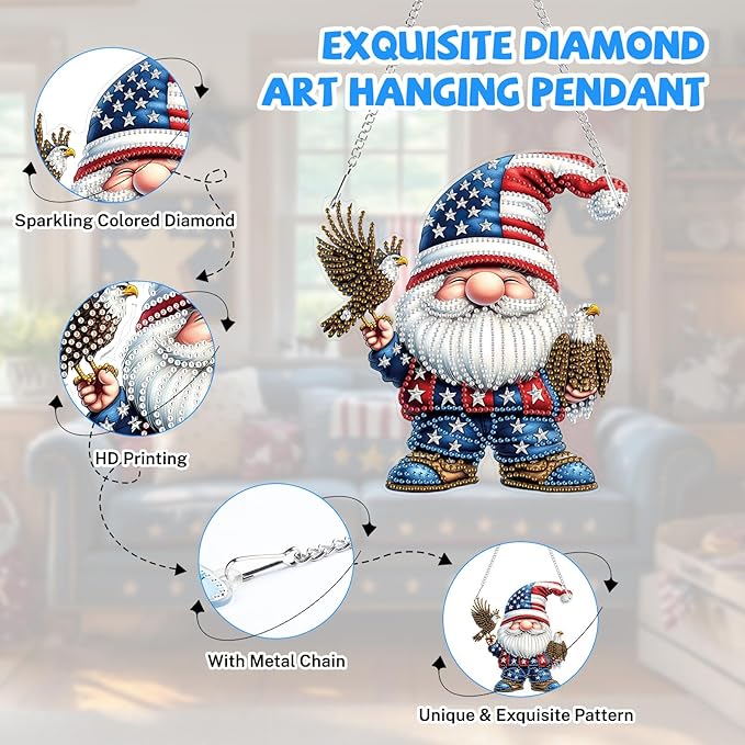Bowetile Independence Day 5D Diamond Art Hanging Gnome Kits for Adults, 4th of July Diamond Painting USA Window Pendant Kits, Special Shape Gem Art Suncatcher Ornament for Home Wall Decor