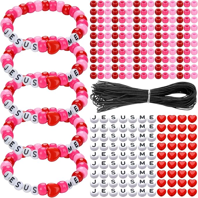 Ferreve 35 Sets Valentine's Day Christian Craft Kit Jesus Love Me DIY Bead Wristband Craft Kit Letter Charms for Valentine Galentines Vbs Week Religious Bible Verse Gifts Jewelry Making