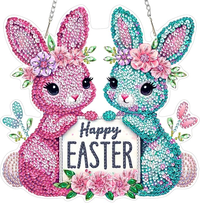 MOGTAA Easter Bunny Diamond Art Hanging Kits for Adults Beginners, Flowers Diamond Art Suncatchers, 5D Special Shape Diamond Painting Window Pendant Kit for Home Garden Wall Decor