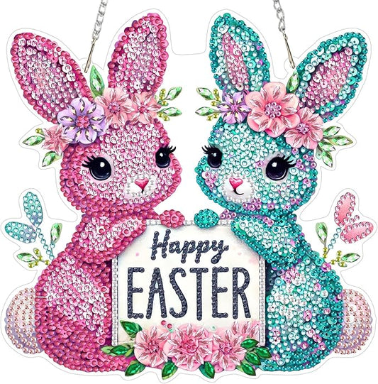 MOGTAA Easter Bunny Diamond Art Hanging Kits for Adults Beginners, Flowers Diamond Art Suncatchers, 5D Special Shape Diamond Painting Window Pendant Kit for Home Garden Wall Decor