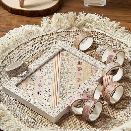 YUBX Boho Washi Tape Set 10 Rolls Cute Masking Graphic Floral Pattern Decorative Tapes for Arts, DIY Crafts, Journals, Planners, Scrapbook, Wrapping (Warm)