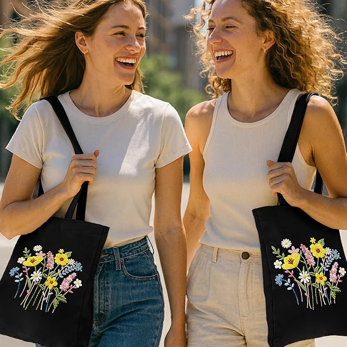 Nuberlic Canvas Tote Bag Embroidery Kit for Beginners Adults -DIY Needlepoint Kit with Floral Pattern Bag Reusable Eco-Friendly Shopping Bag