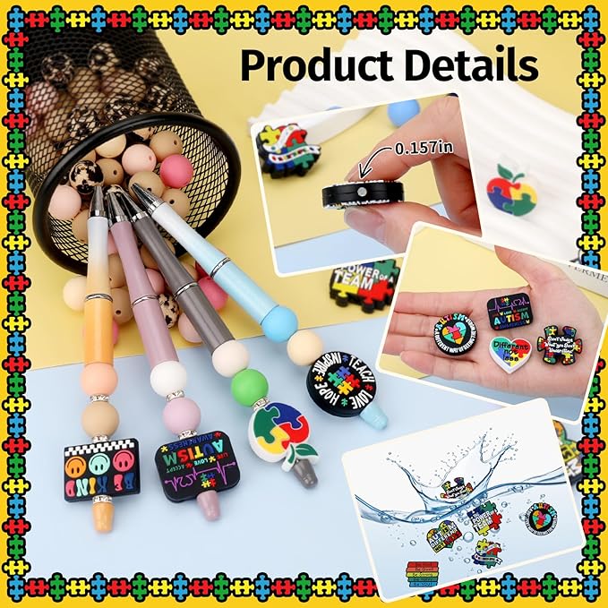 12pcs Autism Silicone Focal Beads, Focal Beads for Pens，Keychain Making, Bracelet, Necklace Crafts, Bulk for DIY（Autism）
