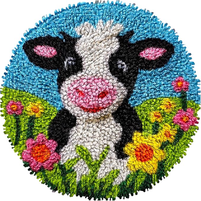 DIY Latch Hook Rug Kits Dairy Cow in Flower Easy for Beginners Children Round Carpet Crochet Yarn Craft Mini Rug Hook and Latch Tapestry for Home Decor 30x30cm-2