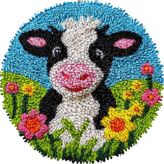 DIY Latch Hook Rug Kits Dairy Cow in Flower Easy for Beginners Children Round Carpet Crochet Yarn Craft Mini Rug Hook and Latch Tapestry for Home Decor 30x30cm-2