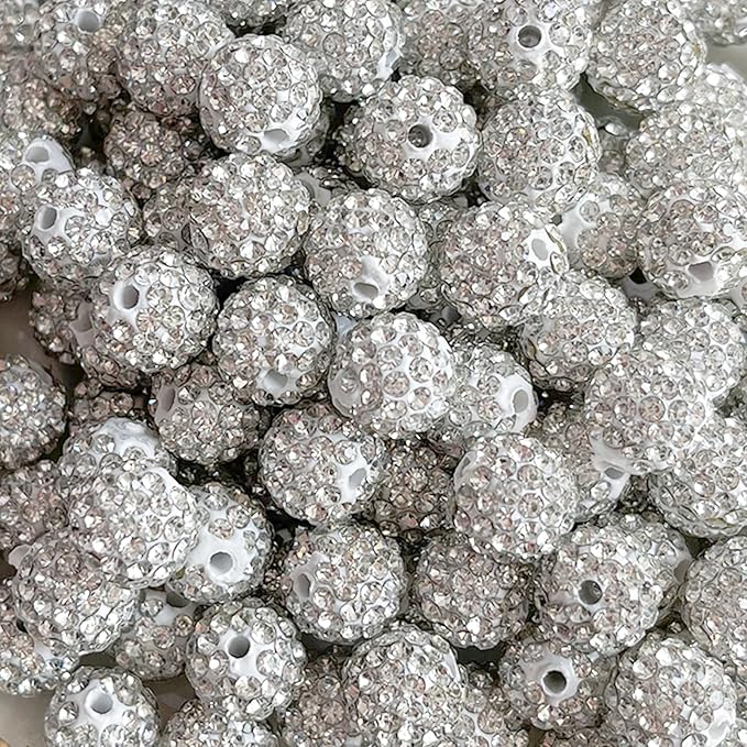 100 pcs 10mm Rhinestone Beads for Jewelry Making, White Shiny Round Disco Ball Beads, Bulk Clay Rhinestone Bead Sparkle Crystal Diamond Bead for Bracelet Necklace Earring Crafting