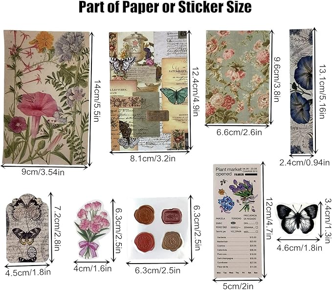 Esweny 260PCS Vintage Journaling Scrapbooking Supplies Scrapbook Sticker Paper Ephemera Pack for Junk Journal Planners Collage Craft Notebooks Album (Flowers and Butterflies)