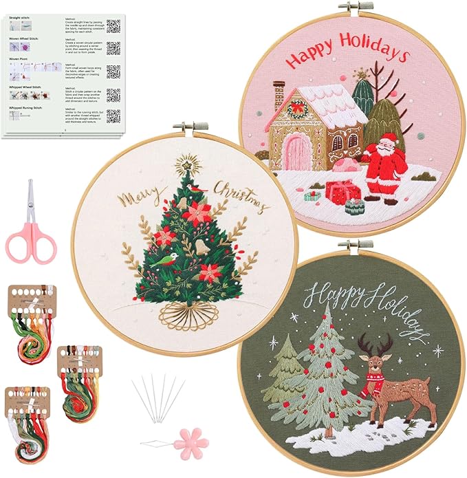 Santune Embroidery Kit - 3pcs Christmas Embroidery Patterns for Beginners with Instructions Cross Stitch Kits for Adults with 1 Embroidery Hoops, Color Threads and Needles, Good Hobbies for Women