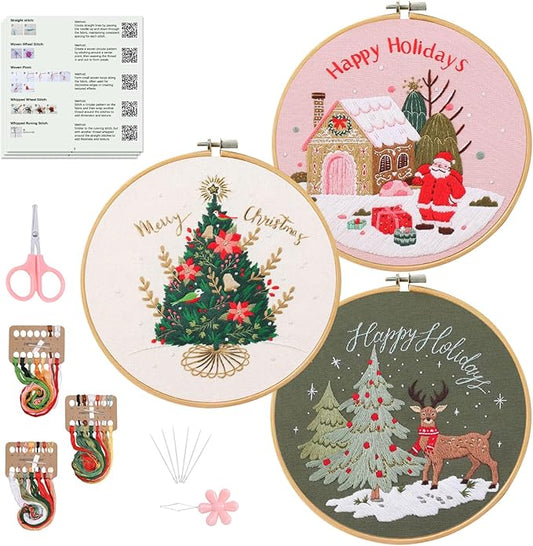 Santune Embroidery Kit - 3pcs Christmas Embroidery Patterns for Beginners with Instructions Cross Stitch Kits for Adults with 1 Embroidery Hoops, Color Threads and Needles, Good Hobbies for Women